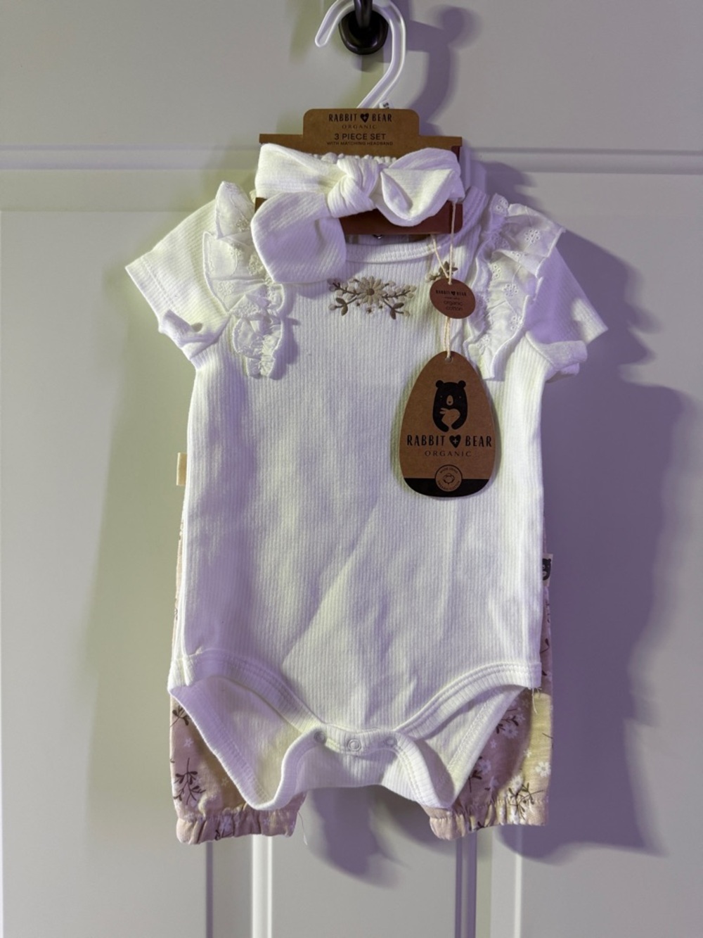 Rabbit + Bear Organic Cotton Baby Onesie, Pant and Headband Set 6-9m